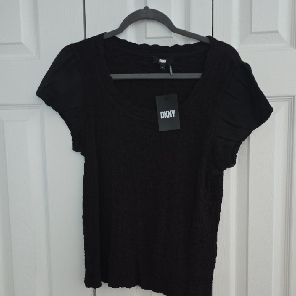 DKNY Black Short Sleeve Scoop Neck Top with Puff Sleeves